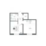 2-комнатная, 39.3 м², жилая: 23.2 м², кухня: 4.4 м²