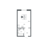 Студия, 26.2 м², жилая: 12.2 м², кухня: 6 м²