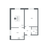 2-комнатная, 57.7 м², жилая: 37.6 м², кухня: 12.2 м²